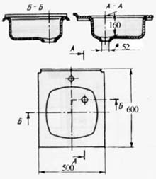 Габаритный чертеж мойки стальной эмалированной с одной чашей 500х600 для кухни