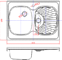 Габаритный чертеж мойки нержавеющей накладной МНП 600х800х155 c креплением Uniblok для кухни