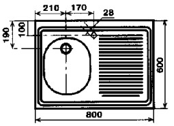 Габаритный чертёж мойки нержавеющей накладной с одной чашей 600х800 для кухни