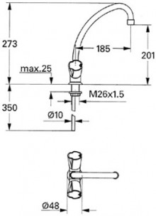 Габаритный чертеж смесителя для мойки Costa 31.813 фирмы Grohe