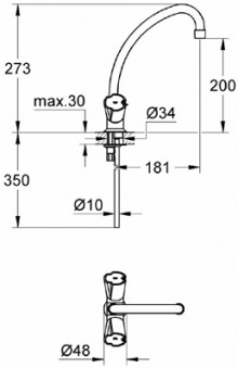 Габаритный чертеж смесителя для мойки Costa 31812 фирмы Grohe