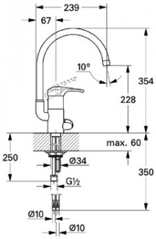 Габаритный чертёж смесителя для мойки Eurosmart 33.490 фирмы Grohe 