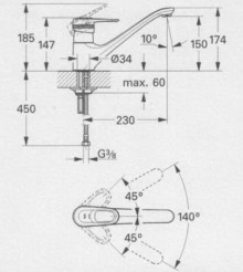 Габаритный чертёж смесителя для мойки Europlus 33.930 фирмы Grohe