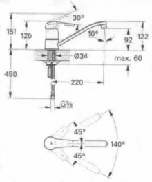 Габаритный чертёж смесителя для мойки Eurosmart 33281001 фирмы Grohe 