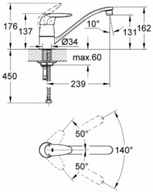 Габаритный чертеж смесителя для мойки Eurodisc 33770001 фирмы Grohe