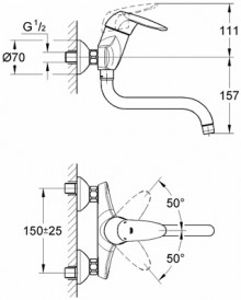 Габаритный чертеж смесителя для мойки Eurodisc 33772 фирмы Grohe