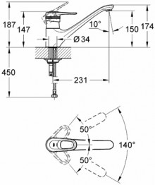 Габаритный чертёж смесителя для мойки Europlus 33930IG фирмы Grohe