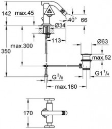 Габаритный чертеж смесителя для биде Atrio Delta 24023 фирмы Grohe