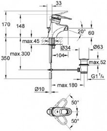 Габаритный чертеж смесителя для биде Europlus 33.241 фирмы Grohe