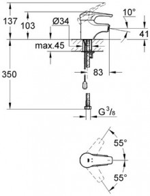 Габаритный чертеж смесителя для биде Eurosmart 33250 фирмы Grohe