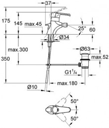 Габаритный чертеж смесителя для биде Eurowing 33237 фирмы Grohe
