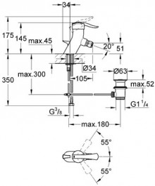 Габаритный чертеж смесителя для биде Ectos 32372MB фирмы Grohe