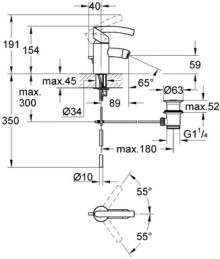 Габаритный чертеж смесителя для биде Tenso 33348 фирмы Grohe