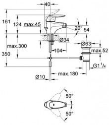 Габаритный чертеж смесителя для биде Eurodisc 33244 фирмы Grohe