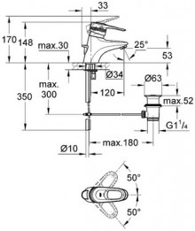 Габаритный чертеж смесителя для умывальника Europlus 33153IG фирмы Grohe