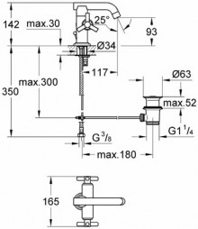 Габаритный чертеж смесителя для умывальника Atrio Ypsilon 21039 фирмы Grohe