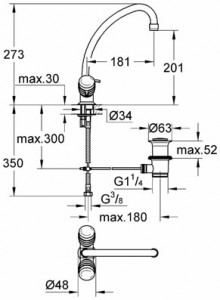 Габаритный чертеж смесителя для умывальника Supra 21257 фирмы Grohe