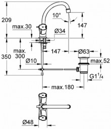 Габаритный чертеж смесителя для умывальника Costa 21375 фирмы Grohe