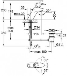 Габаритный чертеж смесителя для умывальника Taron 32369NA фирмы Grohe