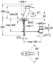 Габаритный чертеж смесителя для умывальника Ectos 32371IP фирмы Grohe