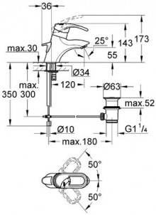 Габаритный чертеж смесителя для умывальника Chiara 33001RR фирмы Grohe