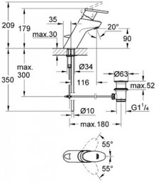 Габаритный чертеж смесителя для умывальника Taron 33134NA  фирмы Grohe