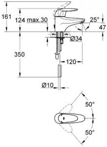 Габаритный чертеж смесителя для умывальника Eurodisc 33176 фирмы Grohe