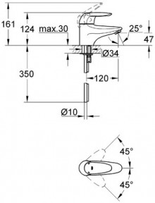 Габаритный чертеж смесителя для умывальника Eurodisc 33179 фирмы Grohe