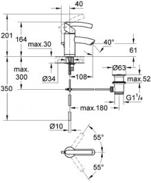 Габаритный чертеж смесителя для умывальника Tenso 33347AV фирмы Grohe