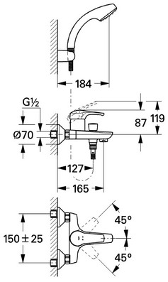 Габаритный чертеж смесителя для ванн Eurowing 33.468 фирмы Grohe