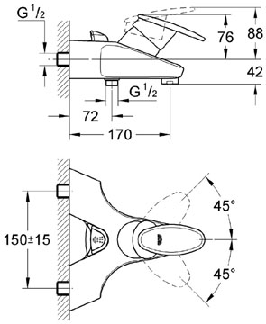 Габаритный чертеж смесителя для ванн Eurowing 33507 фирмы Grohe