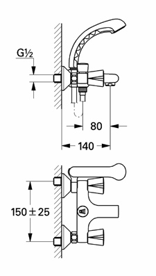 Габаритный чертеж смесителя для ванн Sentosa 25.023 фирмы Grohe