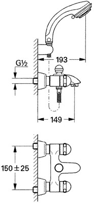 Габаритный чертеж смесителя для ванн Sentosa 25008IG фирмы Grohe