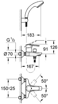 Габаритный чертеж смесителя для ванн Eurostyle 33.592 фирмы Grohe