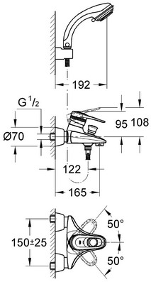 Габаритный чертеж смесителя для ванн Europlus 33547 фирмы Grohe
