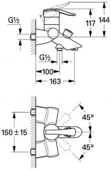 Габаритный чертеж смесителя для ванн Ectos 33397MB фирмы Grohe