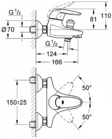 Габаритный чертеж смесителя для ванн Eurodisc 33391 фирмы Grohe