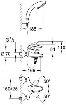 Габаритный чертеж смесителя для ванн Eurodisc 33394 фирмы Grohe