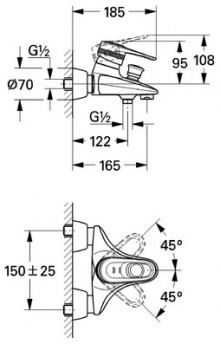 Габаритный чертеж смесителя для ванн Europlus 33553IG фирмы Grohe
