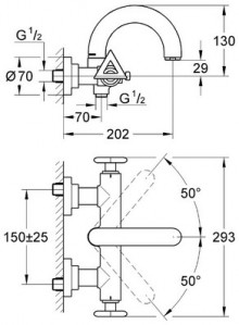 Габаритный чертеж смесителя для ванн Atrio Delta 25012 фирмы Grohe