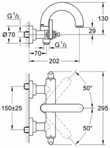 Габаритный чертеж смесителя для ванн Atrio Jota 25011 фирмы Grohe