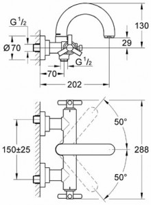 Габаритный чертеж смесителя для ванн Atrio Ypsilon 25010 фирмы Grohe