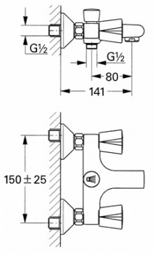 Габаритный чертеж смесителя для ванн Costa 25450 фирмы Grohe