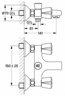 Габаритный чертеж смесителя для ванн Costa 25451 фирмы Grohe