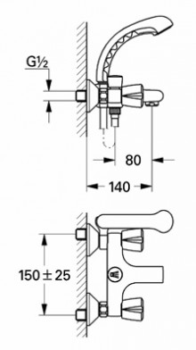 Габаритный чертеж смесителя для ванн Costa 25462 фирмы Grohe