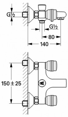 Габаритный чертеж смесителя для ванн Supra 25483 фирмы Grohe