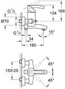 Габаритный чертеж смесителя для ванн Tenso 33349  фирмы Grohe