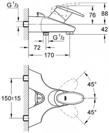 Габаритный чертеж смесителя для ванн Taron 33524NA  фирмы Grohe