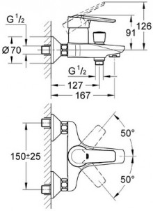 Габаритный чертеж смесителя для ванн Eurostyle 33606 фирмы Grohe