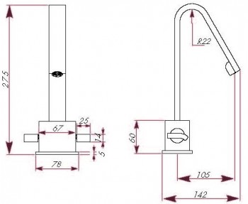 Габаритный чертеж смесителя для умывальника LedaSan Общий вид смесителя для умывальника LedaSan PLANA PL307